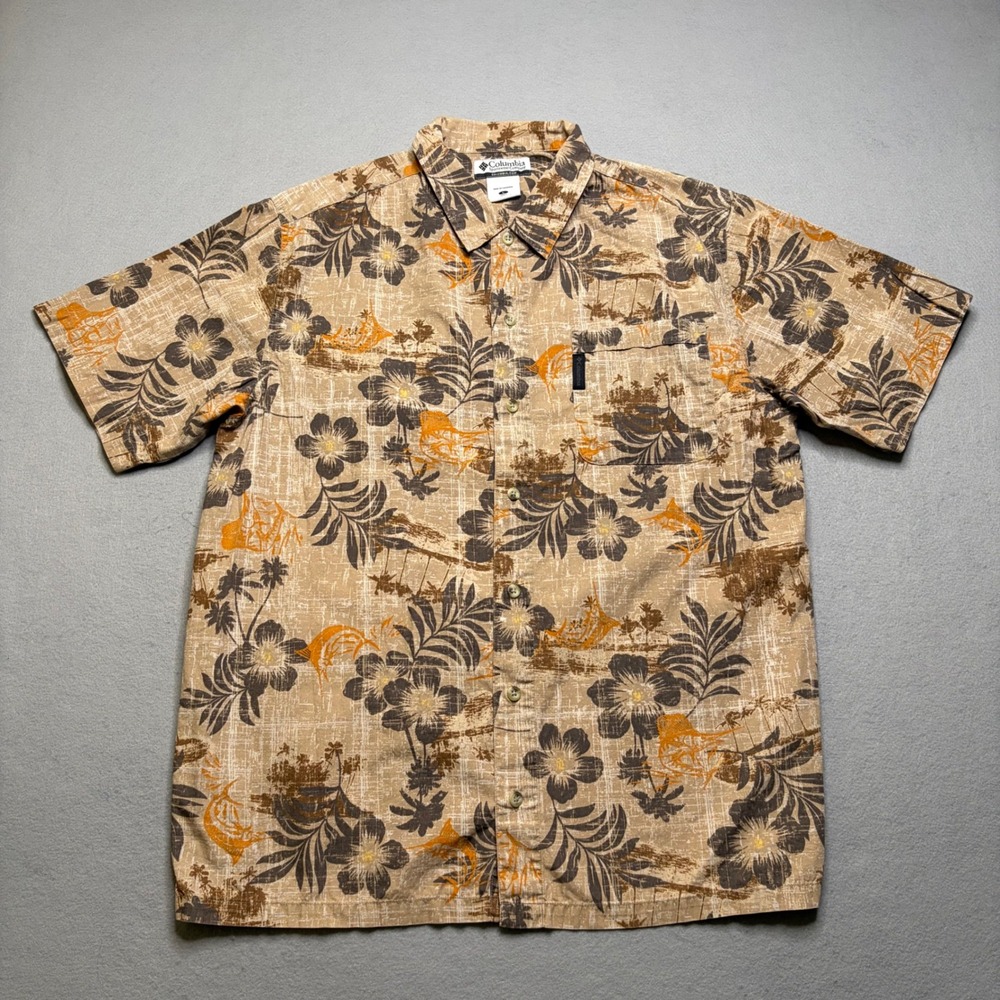 Columbia Button Down Shirt Mens L Tan Tropical Marlin Floral Short Sleeve Casual